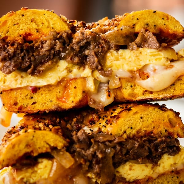 Close-up of a stacked breakfast sandwich with eggs, meat, cheese, and onions on a bagel.