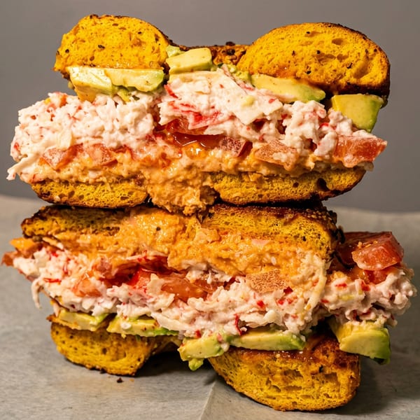 A sliced bagel sandwich with crab salad, avocado, and tomatoes, stacked on parchment paper.